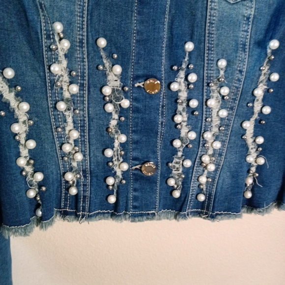 Venus Beaded Denim Jacket Blue Jean Button Down Pearls Size Small - Picture 7 of 13